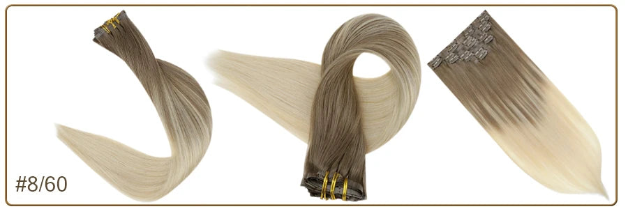 Full Shine Ombre Blonde Remy Clip-In Hair Extensions — 8-Piece Set, 16–22 in (40–56 cm) Seamless PU Weft