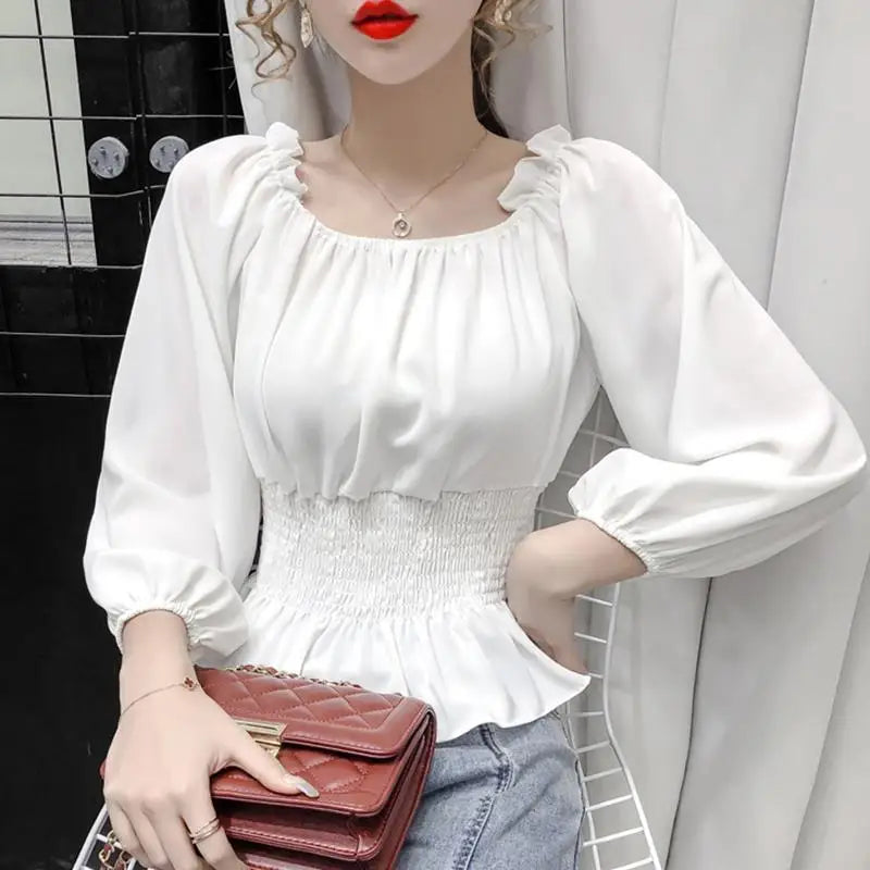 Off-Shoulder White Chiffon Blouse with Ruffles & Puff Sleeves - Elegant Women's Office Top