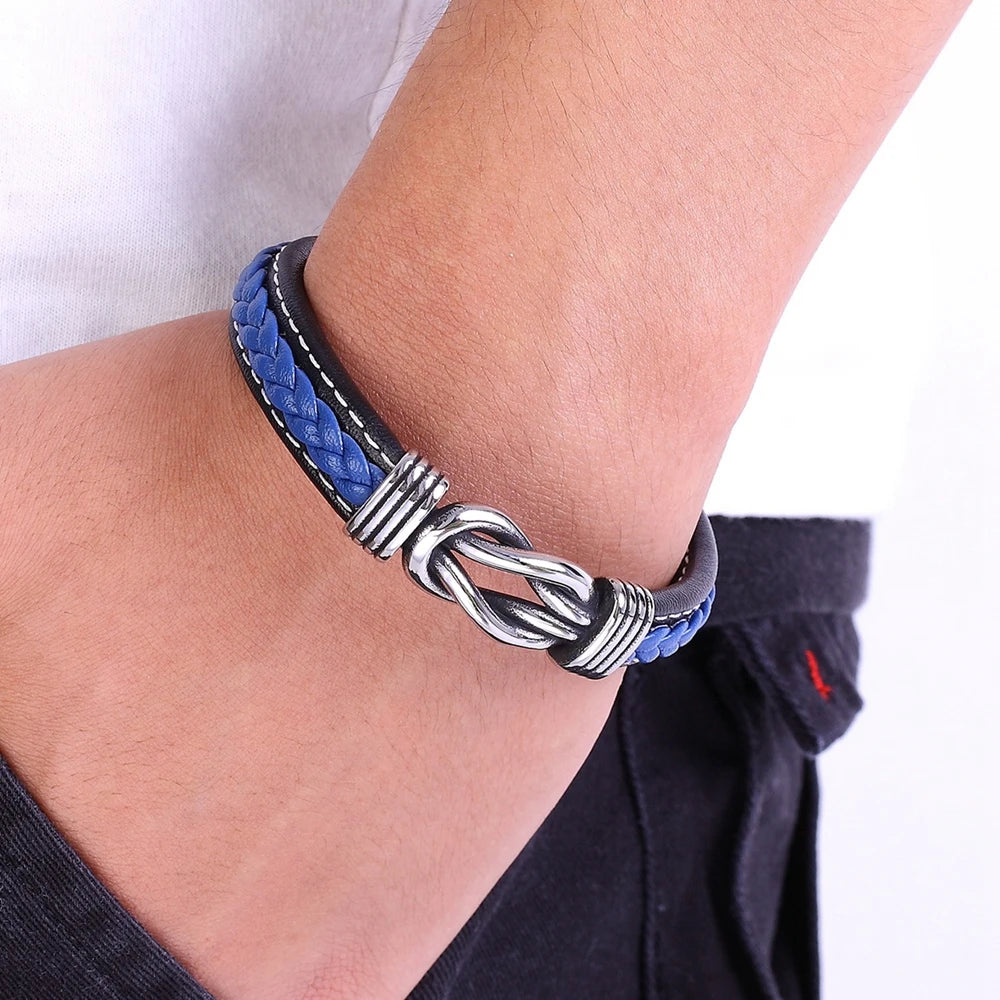 TYO Men's Geometric Stainless Steel Braided Leather Bracelet with Magnetic Clasp - Black/Blue - 19/21/23 cm (7.5/8.3/9.1 in)
