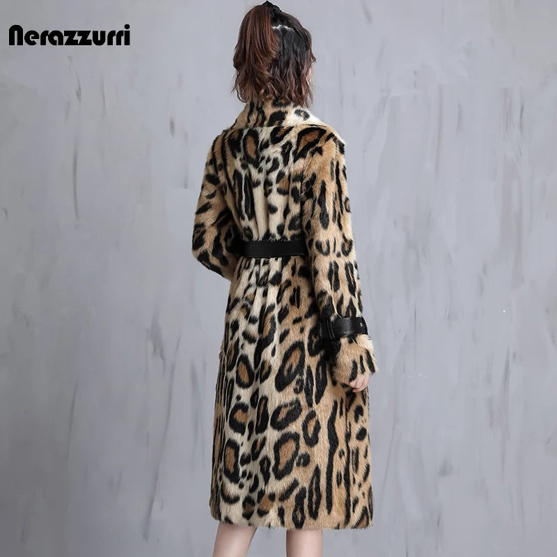 Nerazzurri Leopard Print Faux Fur Long Coat with Adjustable Leather-Style Belt - Women's Warm Plush Winter Jacket
