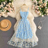 Daisy Mesh Midi Dress - Korean Style Spaghetti Strap Two-Layer Summer Beach Party Dress