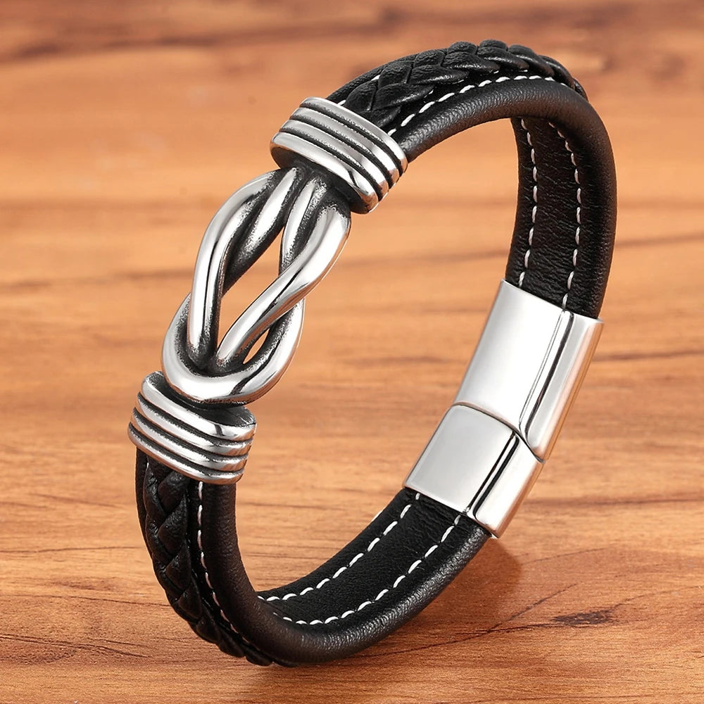 TYO Men's Geometric Stainless Steel Braided Leather Bracelet with Magnetic Clasp - Black/Blue - 19/21/23 cm (7.5/8.3/9.1 in)