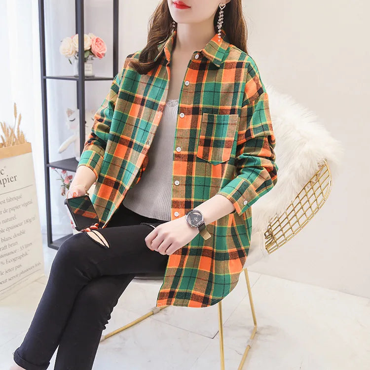 YEOIN Women's Flannel Plaid Shirt - Loose Casual Cotton-Blend Long Sleeve Blouse