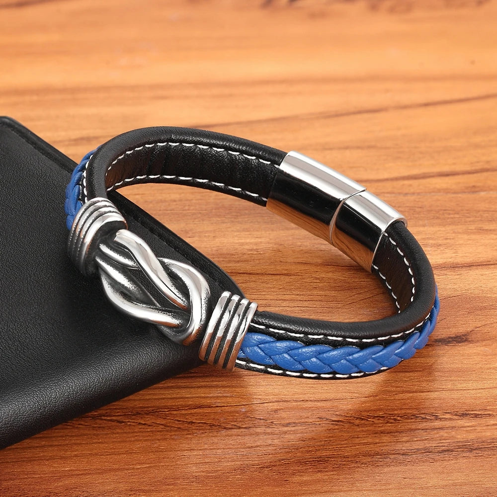 TYO Men's Geometric Stainless Steel Braided Leather Bracelet with Magnetic Clasp - Black/Blue - 19/21/23 cm (7.5/8.3/9.1 in)