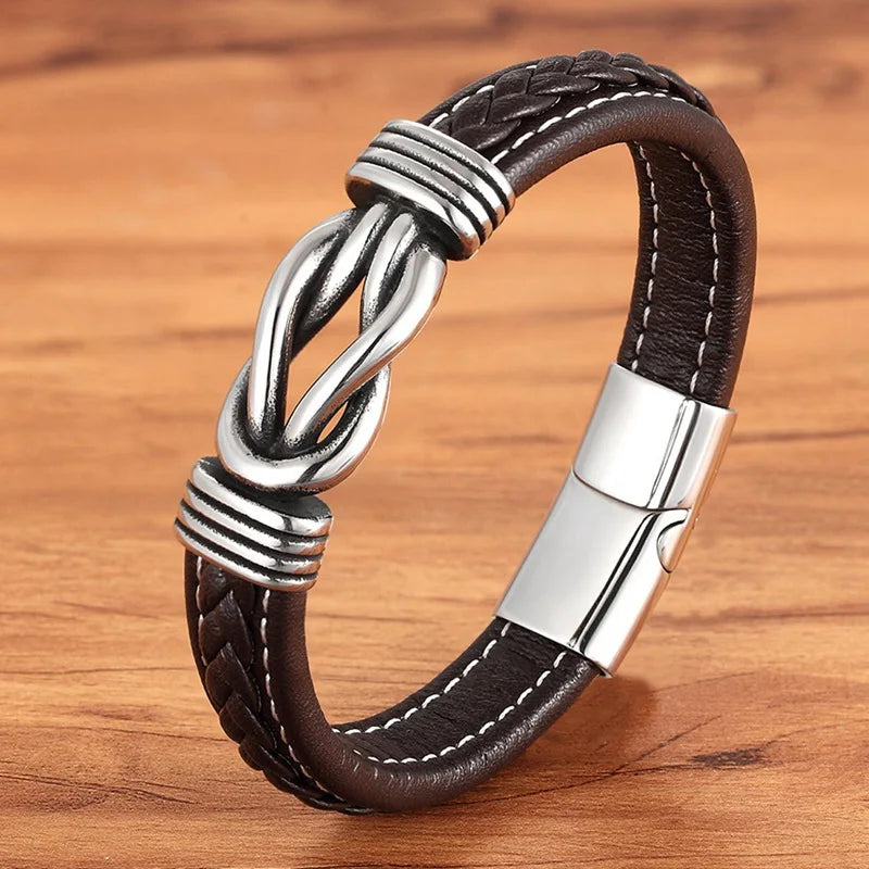 TYO Men's Geometric Stainless Steel Braided Leather Bracelet with Magnetic Clasp - Black/Blue - 19/21/23 cm (7.5/8.3/9.1 in)