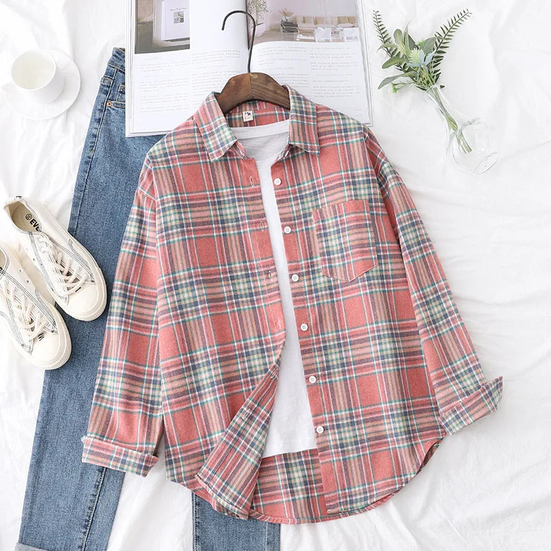 YEOIN Women's Flannel Plaid Shirt - Loose Casual Cotton-Blend Long Sleeve Blouse