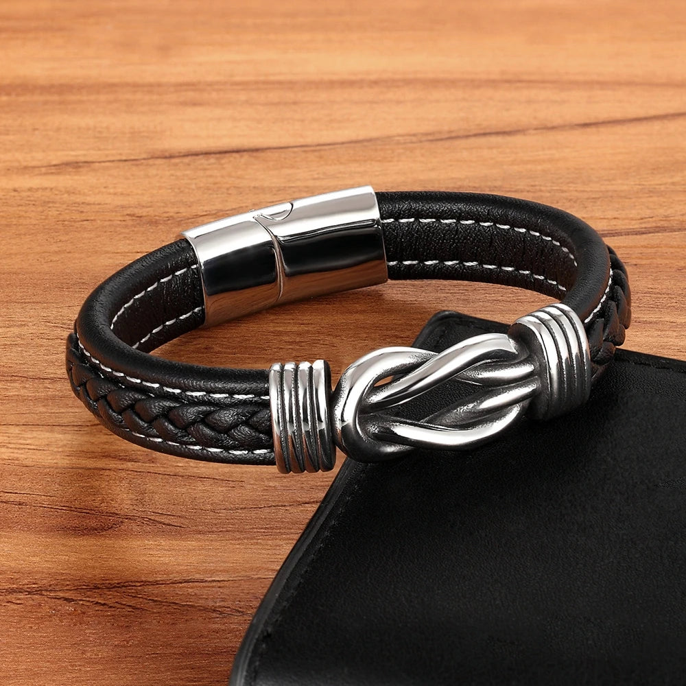 TYO Men's Geometric Stainless Steel Braided Leather Bracelet with Magnetic Clasp - Black/Blue - 19/21/23 cm (7.5/8.3/9.1 in)
