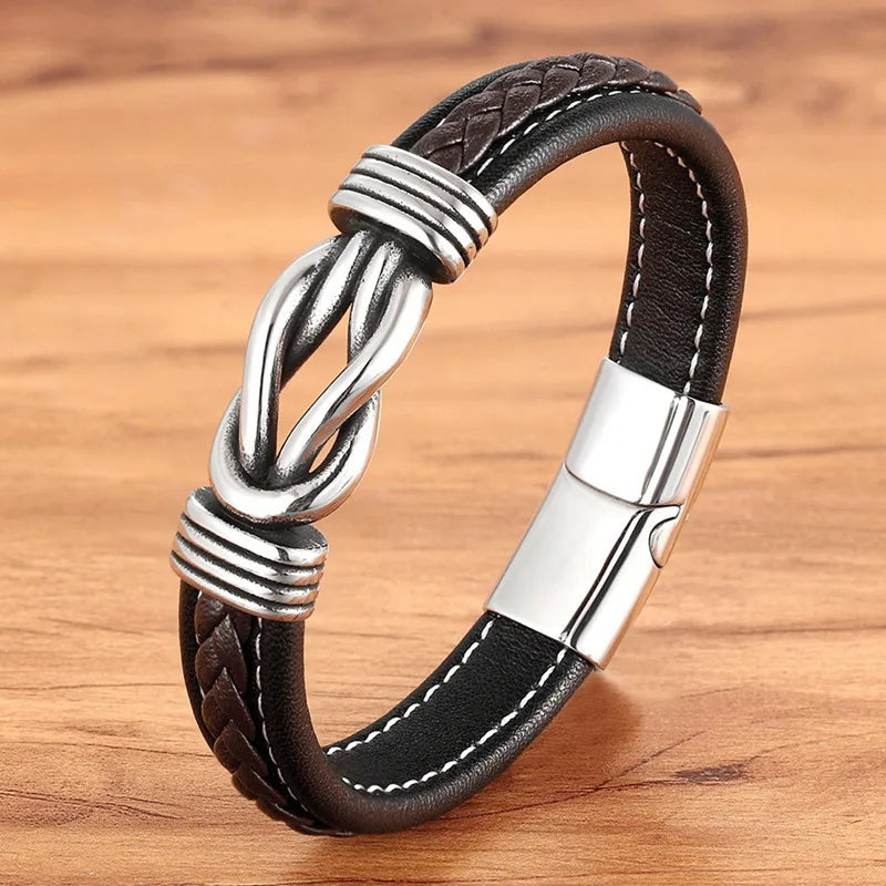 TYO Men's Geometric Stainless Steel Braided Leather Bracelet with Magnetic Clasp - Black/Blue - 19/21/23 cm (7.5/8.3/9.1 in)