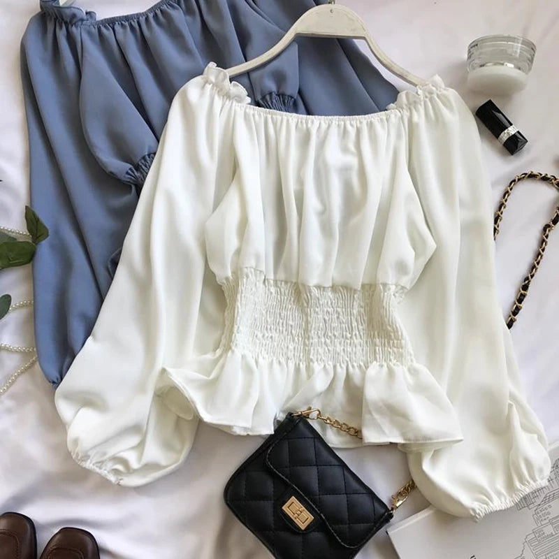 Off-Shoulder White Chiffon Blouse with Ruffles & Puff Sleeves - Elegant Women's Office Top