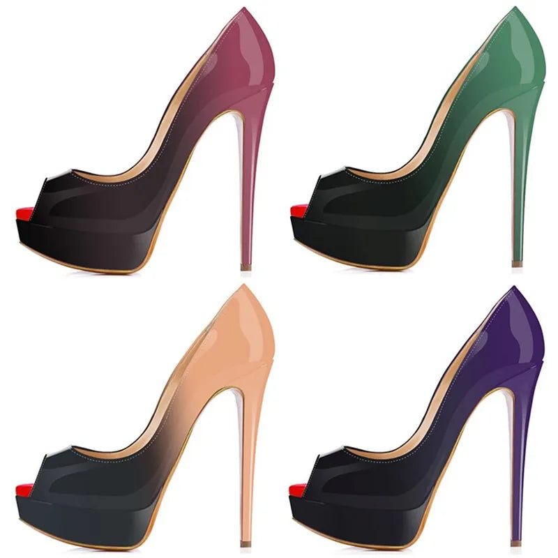 Women Platform Peep Toe Pumps 14cm (5.5 in) Thin Stiletto Patent Leather Party & Wedding Heels