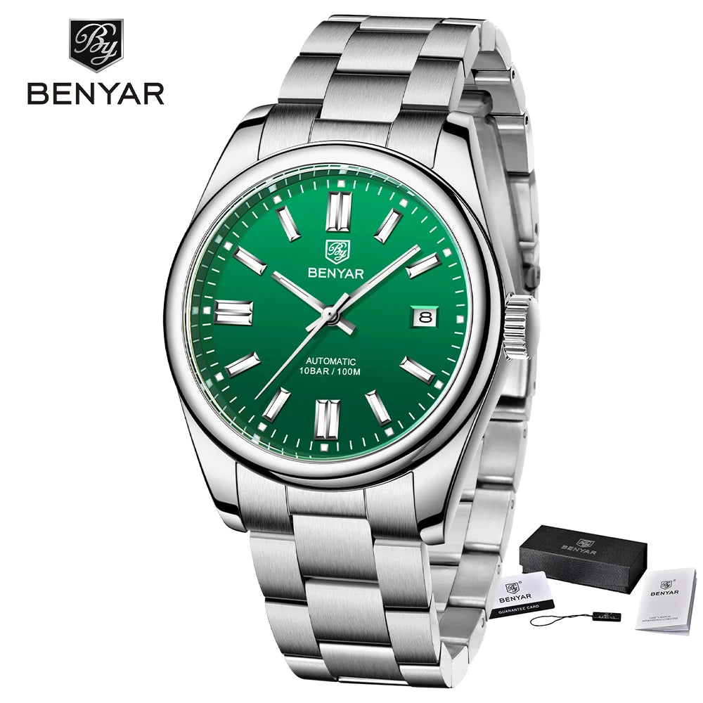 BENYAR Men’s Luxury Stainless Steel Mechanical Automatic Watch – 10 Bar Waterproof Luminous Sports Timepiece