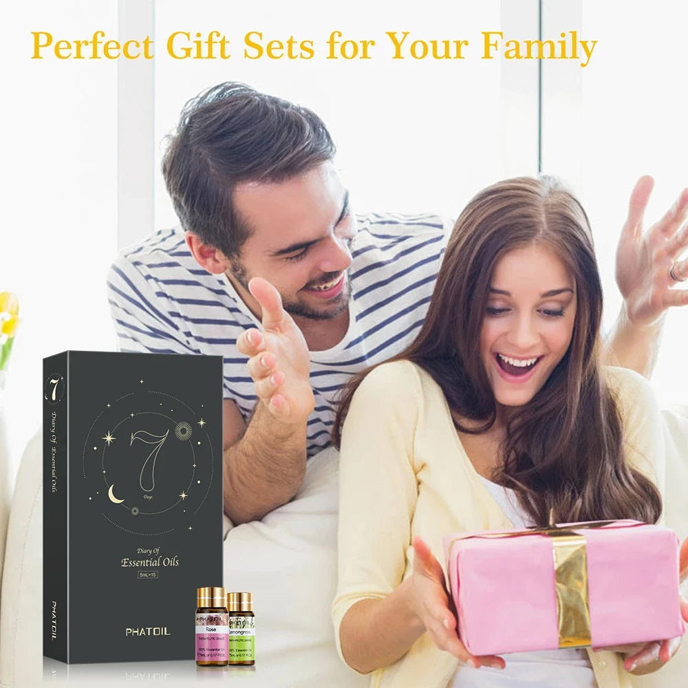 PHATOIL 12-Pack 5ml Essential Oils Gift Set — Pure Aromatherapy Oils for Diffusers, Humidifiers & Massage (Lavender, Lemongrass, Rose, Lemon, Tea Tree, Geranium)