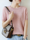 Women's Short-Sleeve Knit O-Neck Pullover - Wool-Cotton Blend Lightweight Summer Top