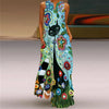 Vintage Print V-Neck Sleeveless Maxi Sundress – Elegant Long Summer Dress for Women