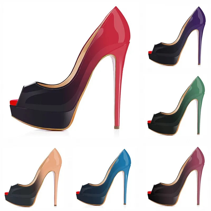 Women Platform Peep Toe Pumps 14cm (5.5 in) Thin Stiletto Patent Leather Party & Wedding Heels