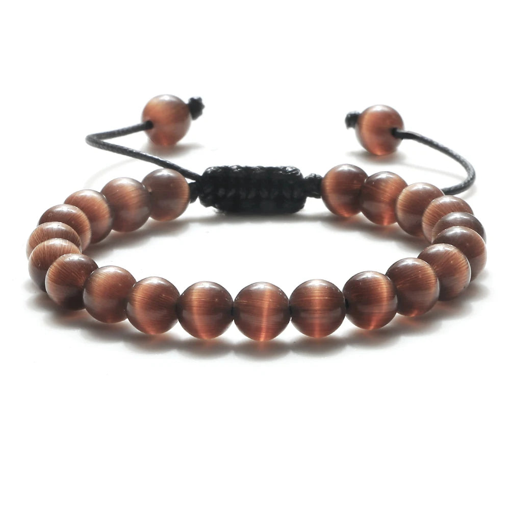 8mm Tiger Eye & Lava Stone Adjustable Braided Bracelet — Unisex Beaded Yoga Healing Energy Bracelet