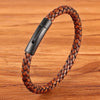 Men's Black Genuine Leather Handwoven Bracelet with Stainless Steel Toggle Clasp - 19/21/23 cm (7.5/8.3/9.1 in)