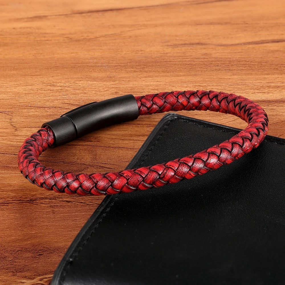 Men's Black Genuine Leather Handwoven Bracelet with Stainless Steel Toggle Clasp - 19/21/23 cm (7.5/8.3/9.1 in)