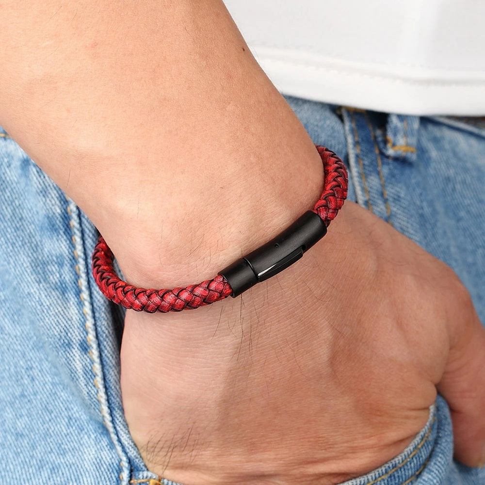 Men's Black Genuine Leather Handwoven Bracelet with Stainless Steel Toggle Clasp - 19/21/23 cm (7.5/8.3/9.1 in)