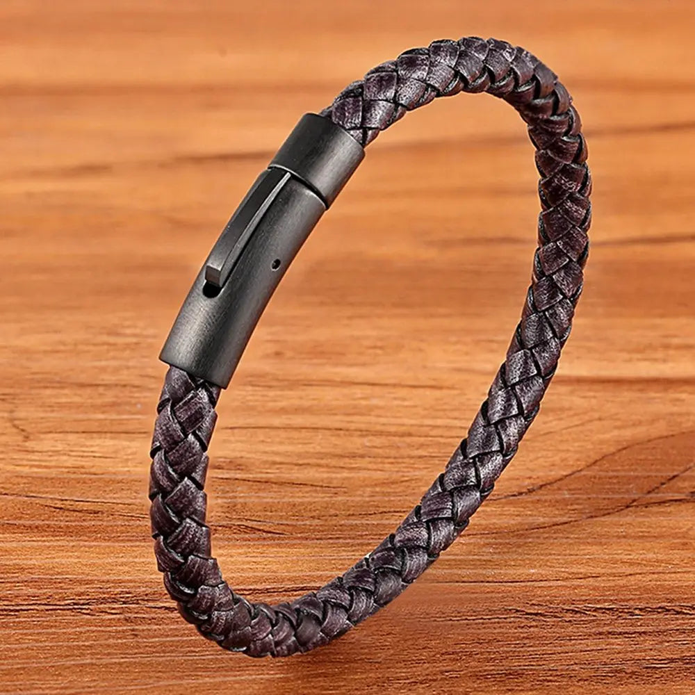 Men's Black Genuine Leather Handwoven Bracelet with Stainless Steel Toggle Clasp - 19/21/23 cm (7.5/8.3/9.1 in)