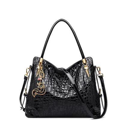 FOXER Large Capacity Genuine Cow Leather Tote Bag – Black Sequin Shoulder Handbag for Women