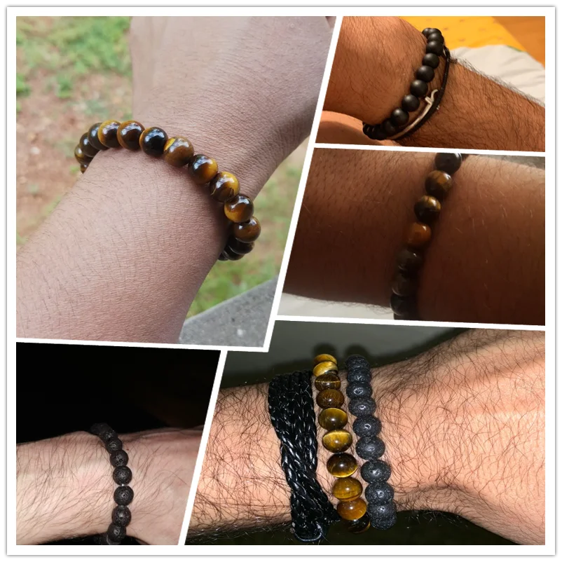 8mm Tiger Eye & Lava Stone Adjustable Braided Bracelet — Unisex Beaded Yoga Healing Energy Bracelet