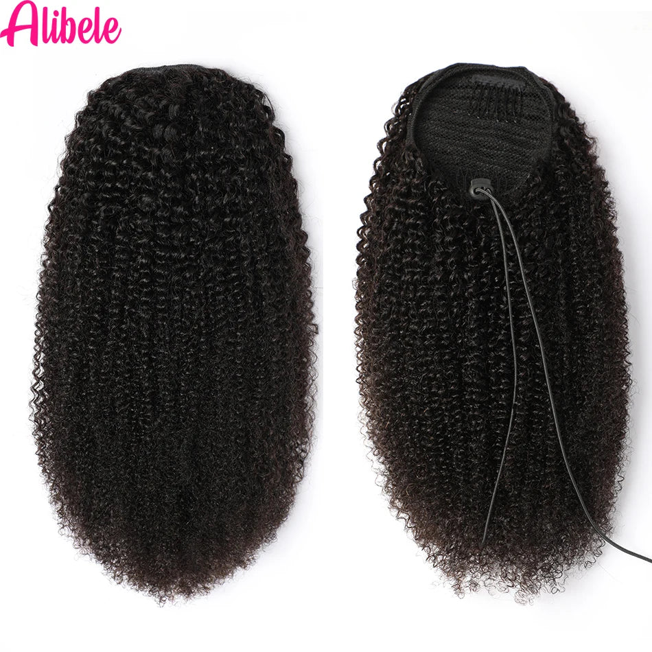 Alibele Mongolian Afro Kinky Curly Drawstring Clip-In Ponytail Extension - Remy Human Hair 4B/4C, 10–28 in (25–71 cm)