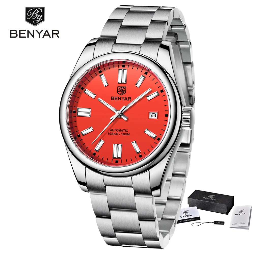 BENYAR Men’s Luxury Stainless Steel Mechanical Automatic Watch – 10 Bar Waterproof Luminous Sports Timepiece