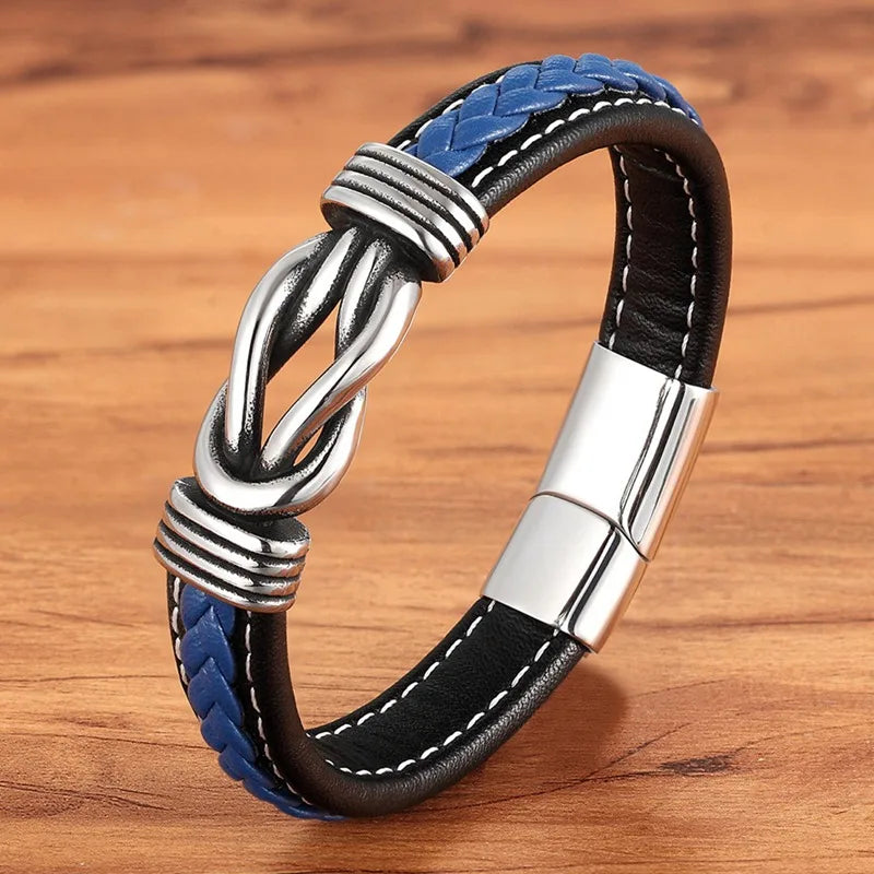 TYO Men's Geometric Stainless Steel Braided Leather Bracelet with Magnetic Clasp - Black/Blue - 19/21/23 cm (7.5/8.3/9.1 in)