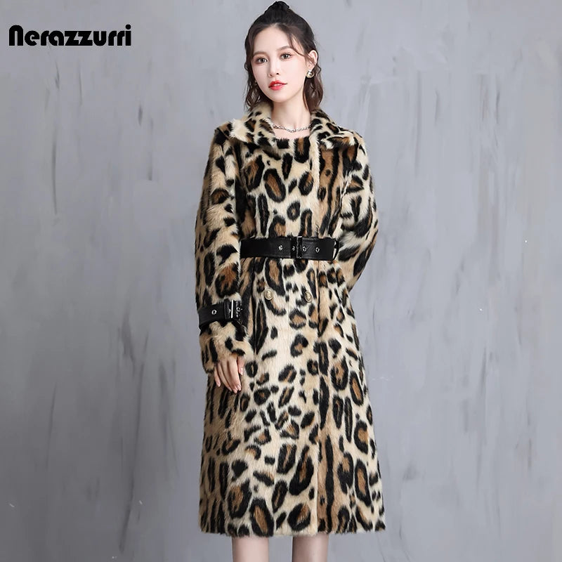 Nerazzurri Leopard Print Faux Fur Long Coat with Adjustable Leather-Style Belt - Women's Warm Plush Winter Jacket