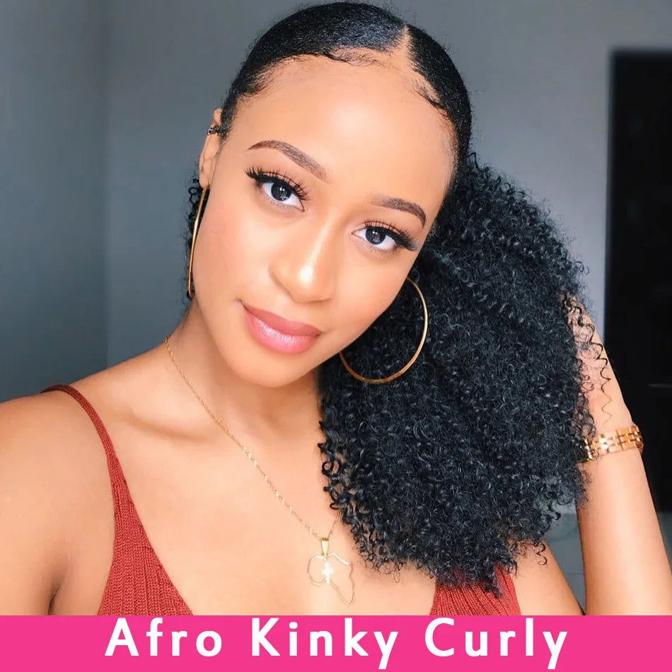Alibele Mongolian Afro Kinky Curly Drawstring Clip-In Ponytail Extension - Remy Human Hair 4B/4C, 10–28 in (25–71 cm)