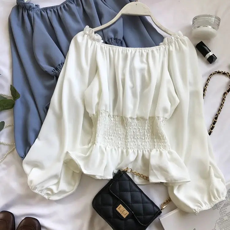 Off-Shoulder White Chiffon Blouse with Ruffles & Puff Sleeves - Elegant Women's Office Top