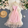 Daisy Mesh Midi Dress - Korean Style Spaghetti Strap Two-Layer Summer Beach Party Dress