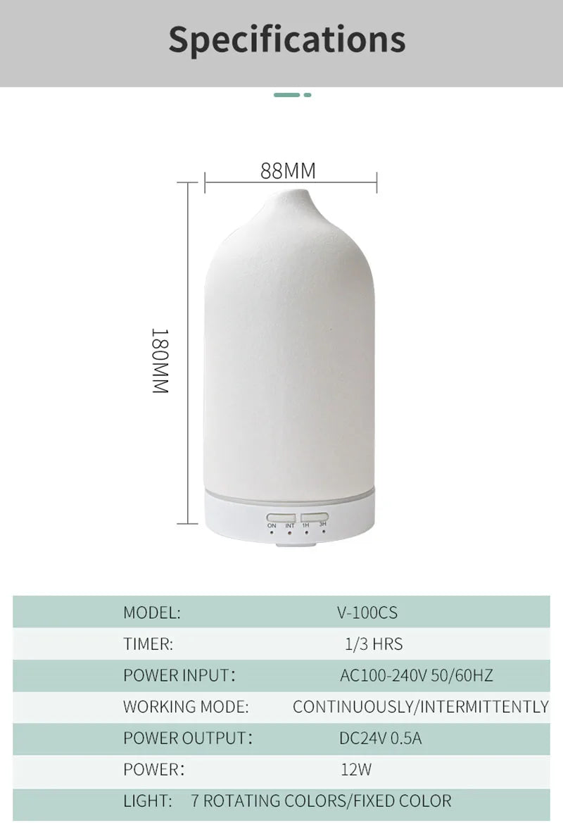 Ceramic Ultrasonic Aromatherapy Diffuser - Cool Mist Humidifier with Timer, Night Light & Auto-Off