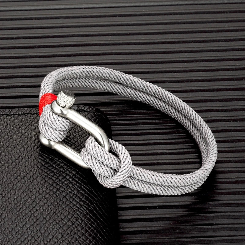 MKENDN Unisex Nautical Double-Strand U-Shackle Survival Rope Bracelet – Stainless Steel Anchor Charm, Outdoor Camping Rescue, 19/21/23 cm (7.5/8.3/9.1 in)