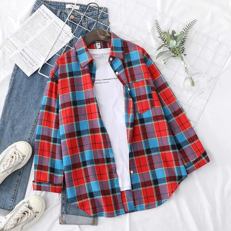 YEOIN Women's Flannel Plaid Shirt - Loose Casual Cotton-Blend Long Sleeve Blouse