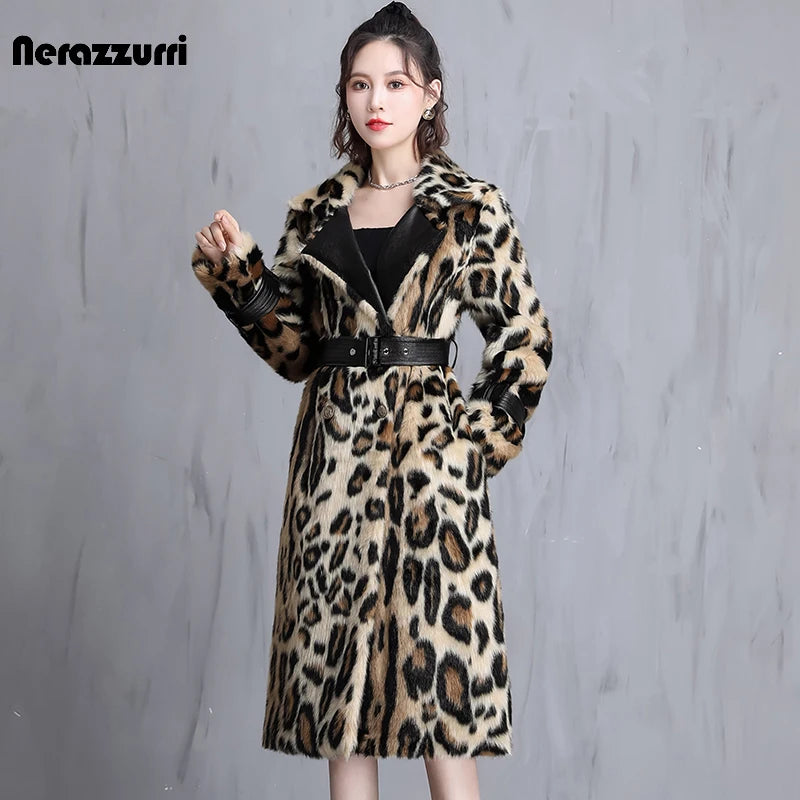 Nerazzurri Leopard Print Faux Fur Long Coat with Adjustable Leather-Style Belt - Women's Warm Plush Winter Jacket