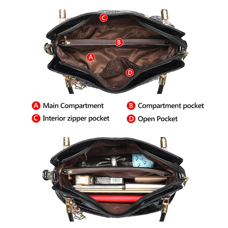 FOXER Large Capacity Genuine Cow Leather Tote Bag – Black Sequin Shoulder Handbag for Women