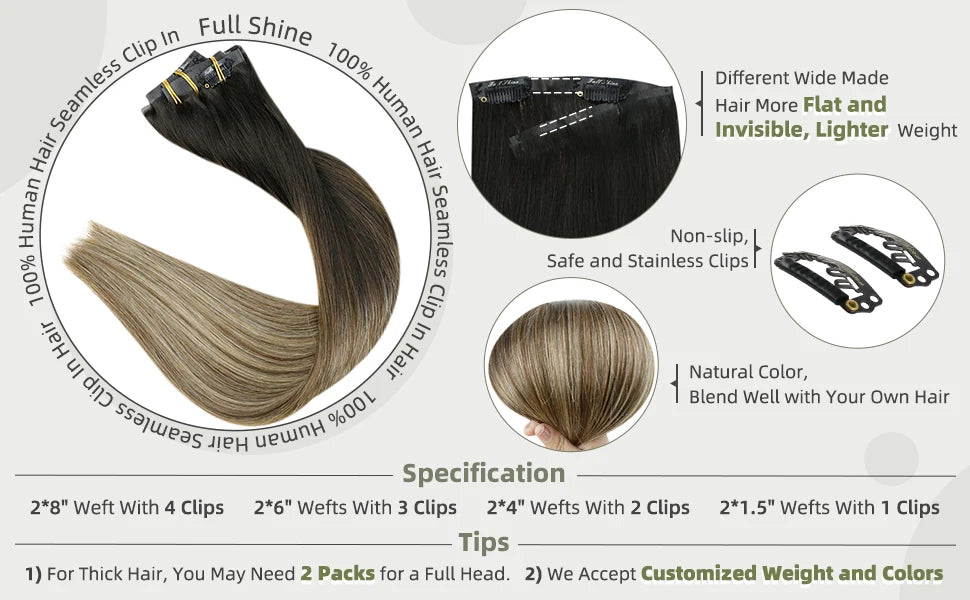 Full Shine Ombre Blonde Remy Clip-In Hair Extensions — 8-Piece Set, 16–22 in (40–56 cm) Seamless PU Weft