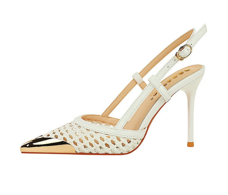 Woven Hollow Pointed-Toe Stiletto Pumps for Women – 9.5 cm (3.7 in) Buckle High Heels, Summer Party Sandals