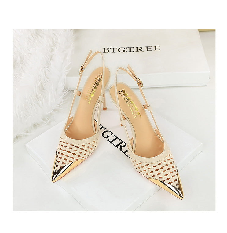Woven Hollow Pointed-Toe Stiletto Pumps for Women – 9.5 cm (3.7 in) Buckle High Heels, Summer Party Sandals