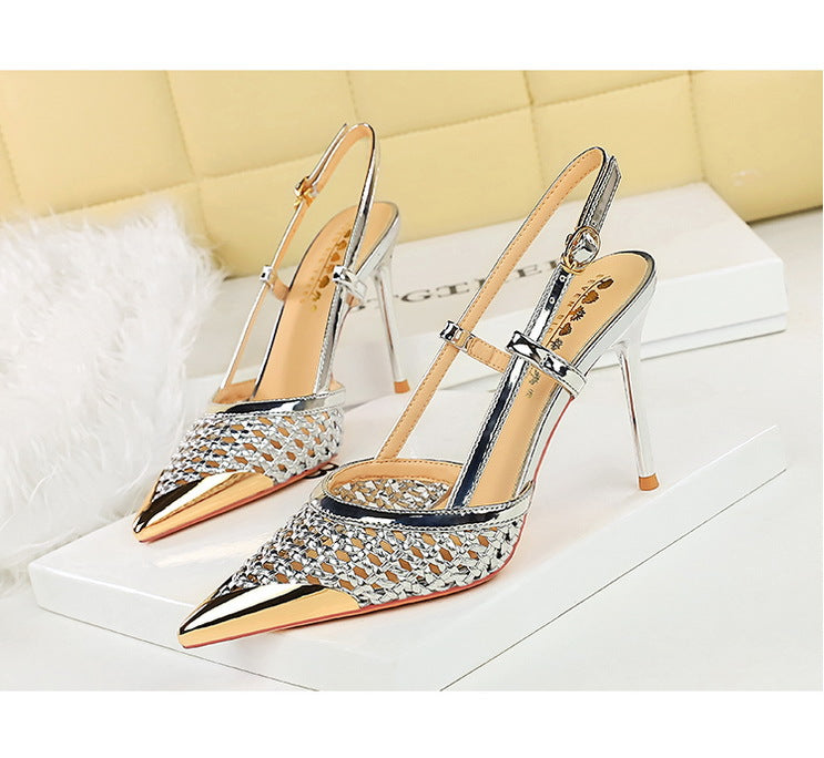 Woven Hollow Pointed-Toe Stiletto Pumps for Women – 9.5 cm (3.7 in) Buckle High Heels, Summer Party Sandals