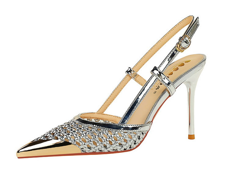Woven Hollow Pointed-Toe Stiletto Pumps for Women – 9.5 cm (3.7 in) Buckle High Heels, Summer Party Sandals