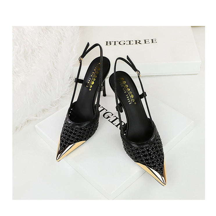 Woven Hollow Pointed-Toe Stiletto Pumps for Women – 9.5 cm (3.7 in) Buckle High Heels, Summer Party Sandals