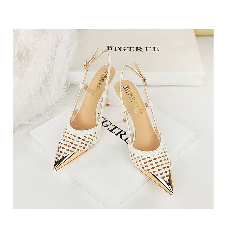 Woven Hollow Pointed-Toe Stiletto Pumps for Women – 9.5 cm (3.7 in) Buckle High Heels, Summer Party Sandals
