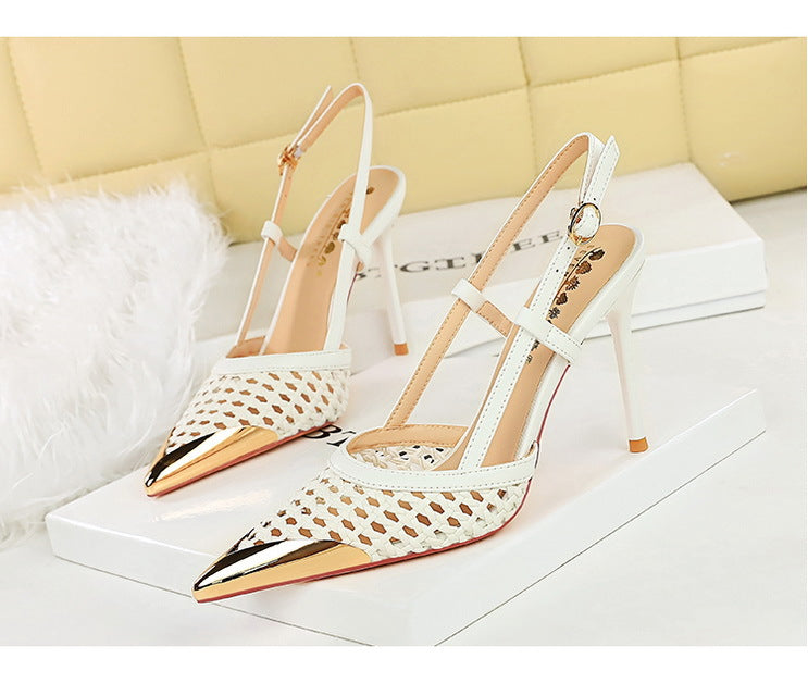 Woven Hollow Pointed-Toe Stiletto Pumps for Women – 9.5 cm (3.7 in) Buckle High Heels, Summer Party Sandals