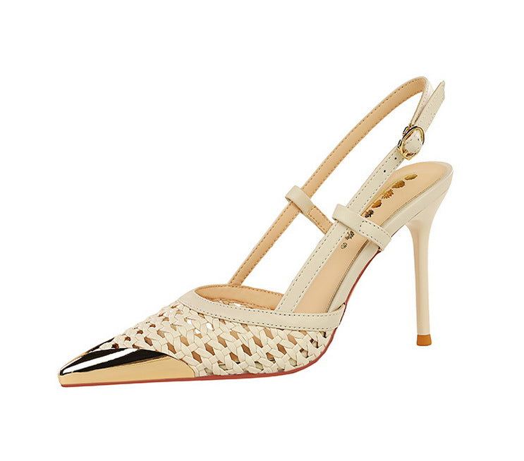 Woven Hollow Pointed-Toe Stiletto Pumps for Women – 9.5 cm (3.7 in) Buckle High Heels, Summer Party Sandals