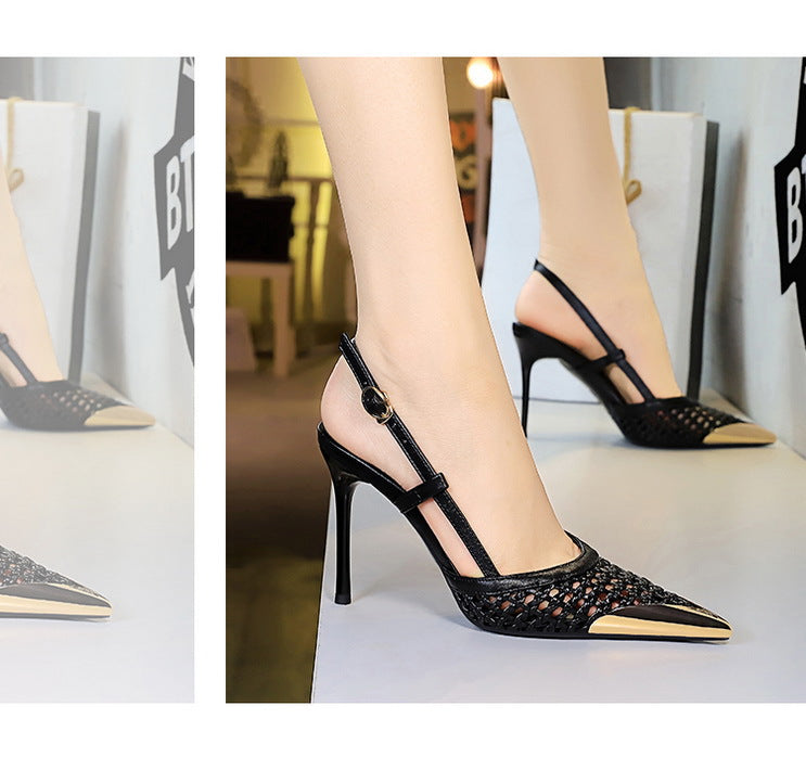 Woven Hollow Pointed-Toe Stiletto Pumps for Women – 9.5 cm (3.7 in) Buckle High Heels, Summer Party Sandals