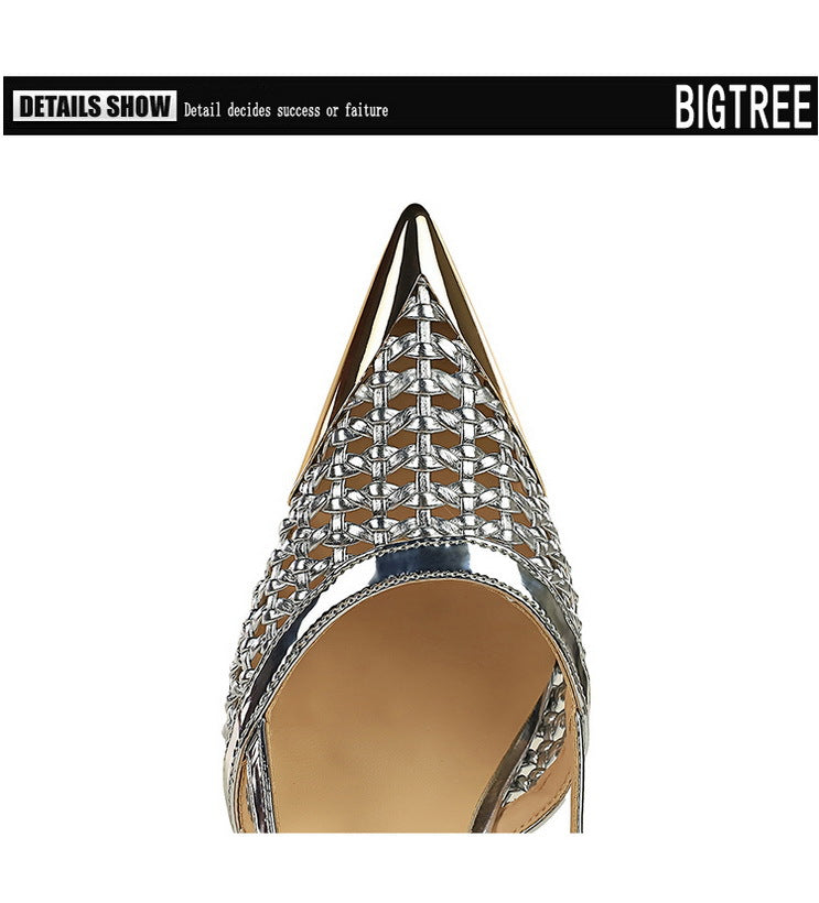 Woven Hollow Pointed-Toe Stiletto Pumps for Women – 9.5 cm (3.7 in) Buckle High Heels, Summer Party Sandals