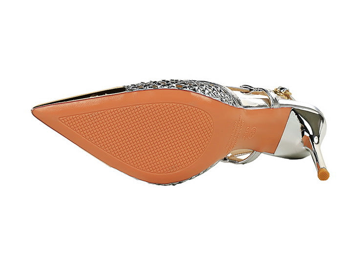 Woven Hollow Pointed-Toe Stiletto Pumps for Women – 9.5 cm (3.7 in) Buckle High Heels, Summer Party Sandals